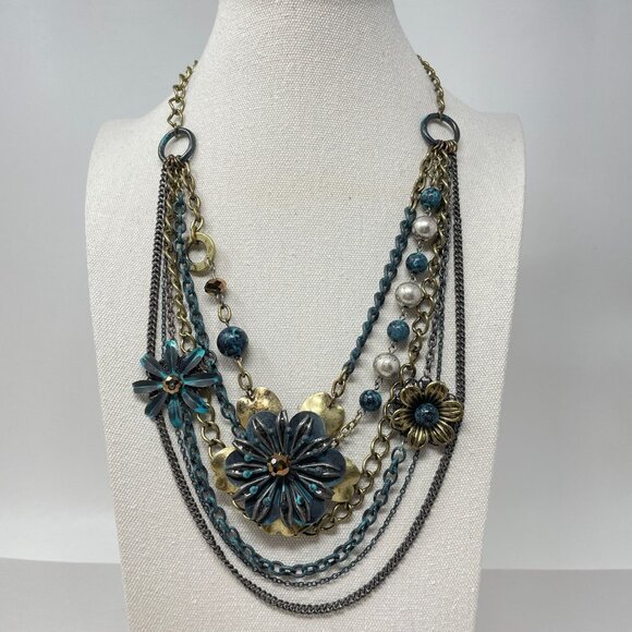 Kathryn K Multilayered Floral Chain Necklace Pearls Beads - Picture 1 of 11